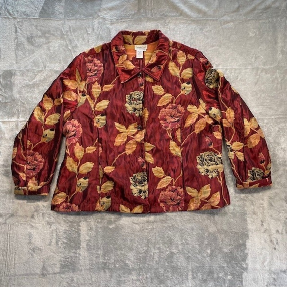Coldwater Creek Womens Floral Tapestry Jacket Burgundy Rose Print Button Up XXL